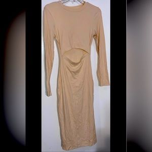 NWOT Ribbed Beige Long Sleeve Knee Length BodyCon Cut Out Dress size Small